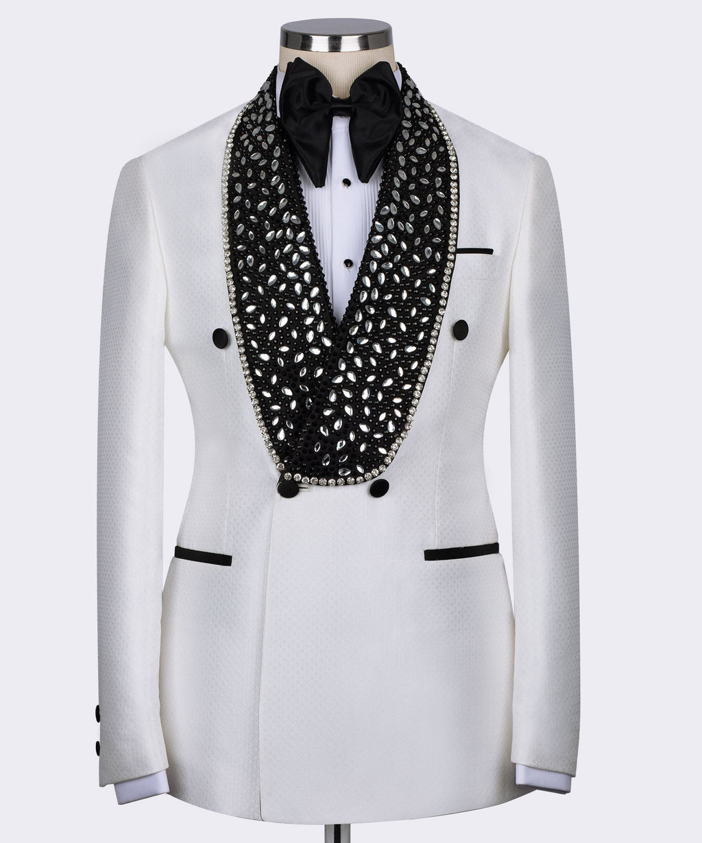 White tuxedo jacket front with black rhinestone-patterned lapel and black bow tie