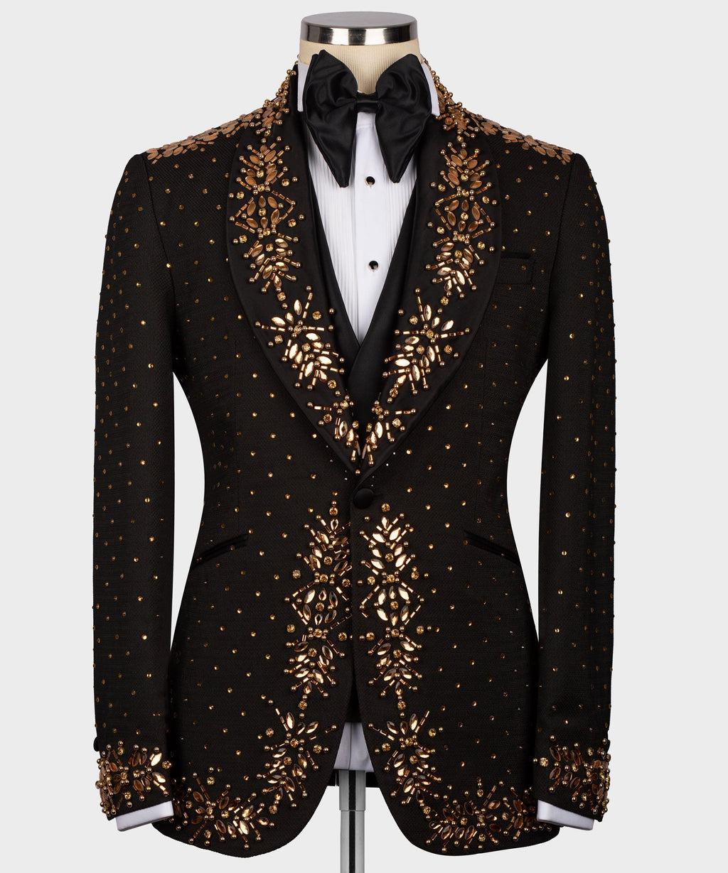 Black tuxedo silk-wool suit jacket with gold beadwork and satin bow tie