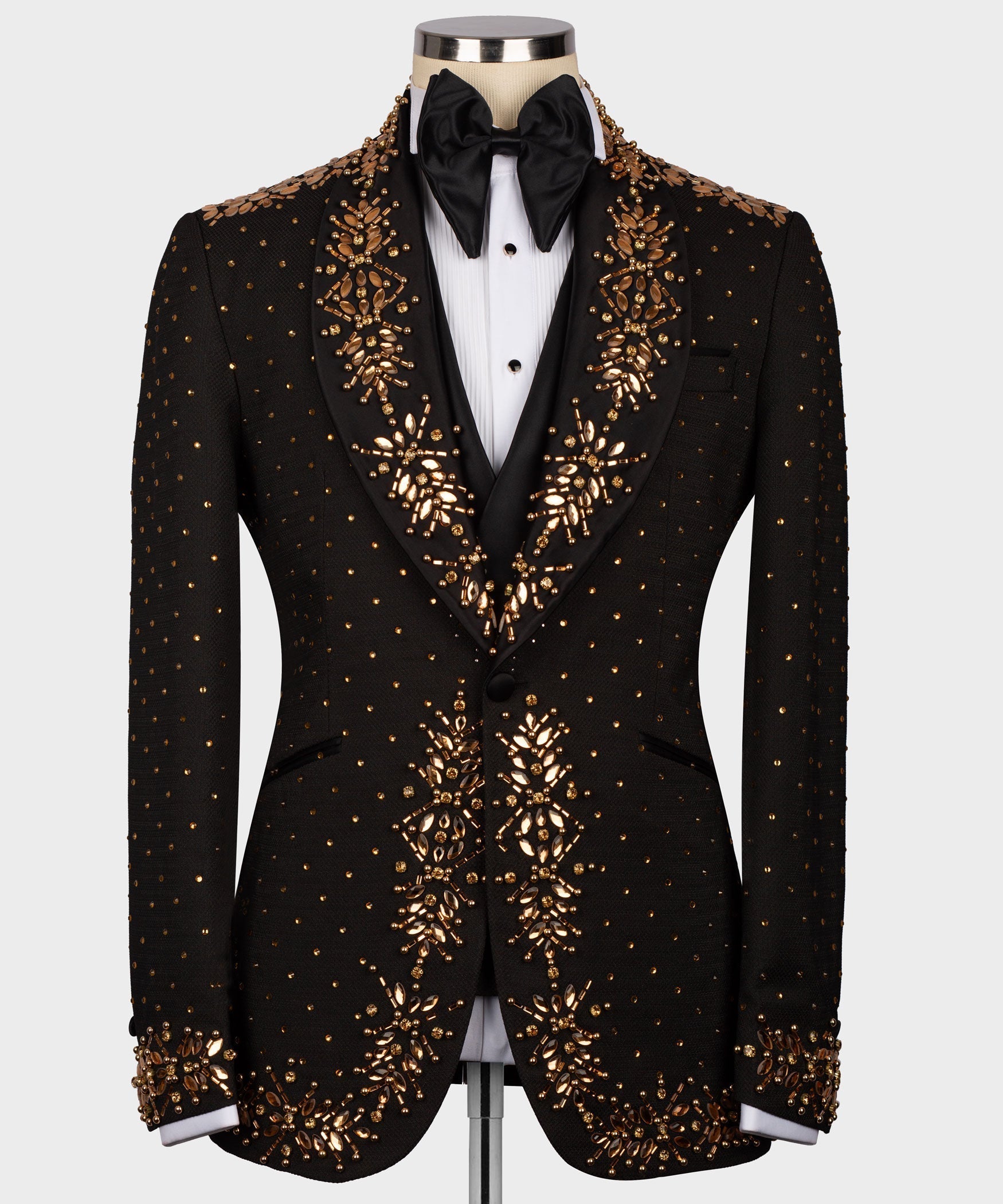 Black tuxedo silk-wool suit jacket with gold beadwork and satin bow tie