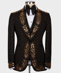 Black tuxedo jacket with gold beaded floral embroidery and satin lapels