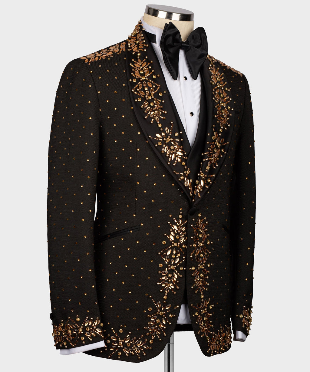 Black tuxedo suit jacket with gold embroidered lapels and ornate front details