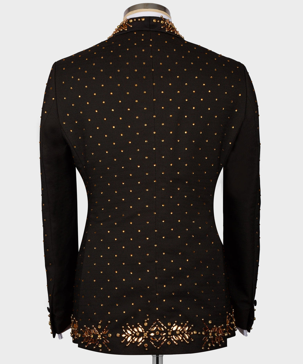 Back view black tuxedo jacket with gold bead pattern and embroidered hem