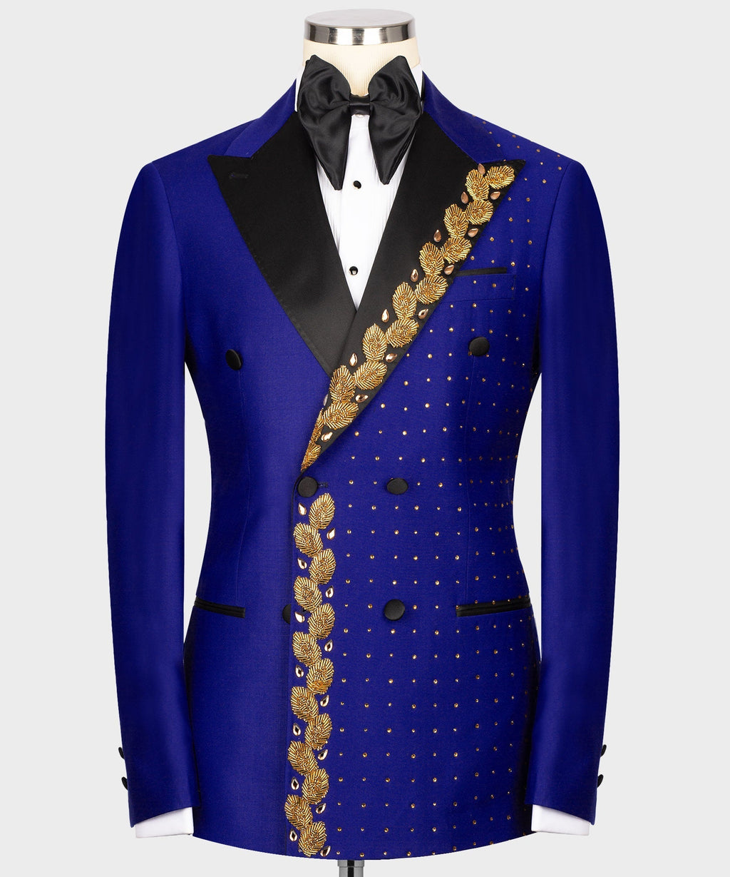 Royal blue tuxedo jacket with gold leaf trim and dot pattern, black satin lapels