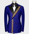 Royal blue tuxedo jacket with gold leaf trim and dot pattern, black satin lapels