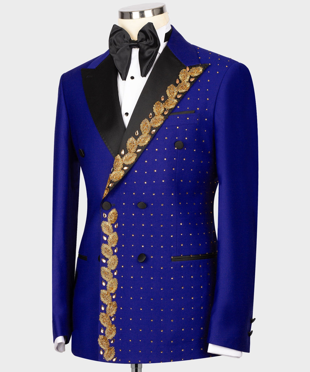 Royal blue tuxedo jacket with gold embroidered diagonal stripe and small dot design