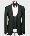 Green embossed tuxedo suit with black satin lapels, bow tie and waistcoat
