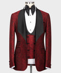 Men's red embossed tuxedo jacket with black satin lapels and matching vest
