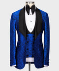 Men's blue embossed tuxedo jacket with black satin lapels and white shirtfront