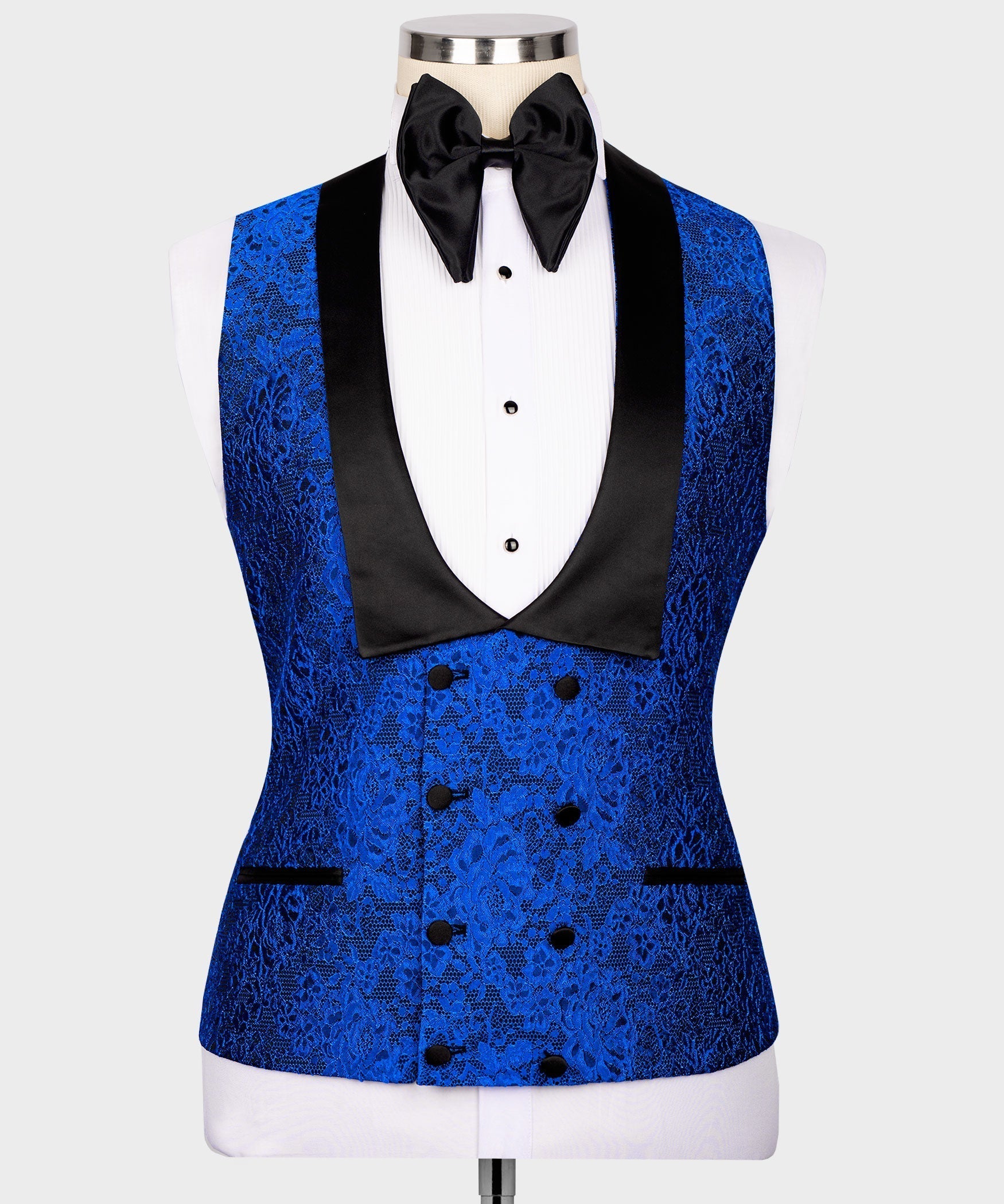 Blue embossed tuxedo vest with black satin V-neck and double-breasted button fronts