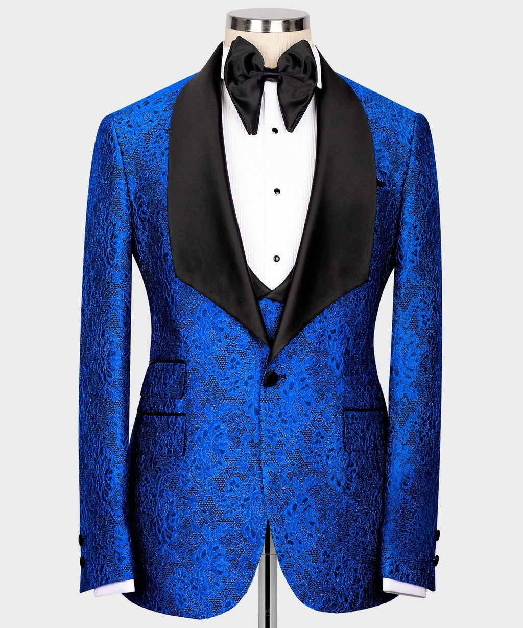 Blue embossed tuxedo jacket and waistcoat with black satin lapels