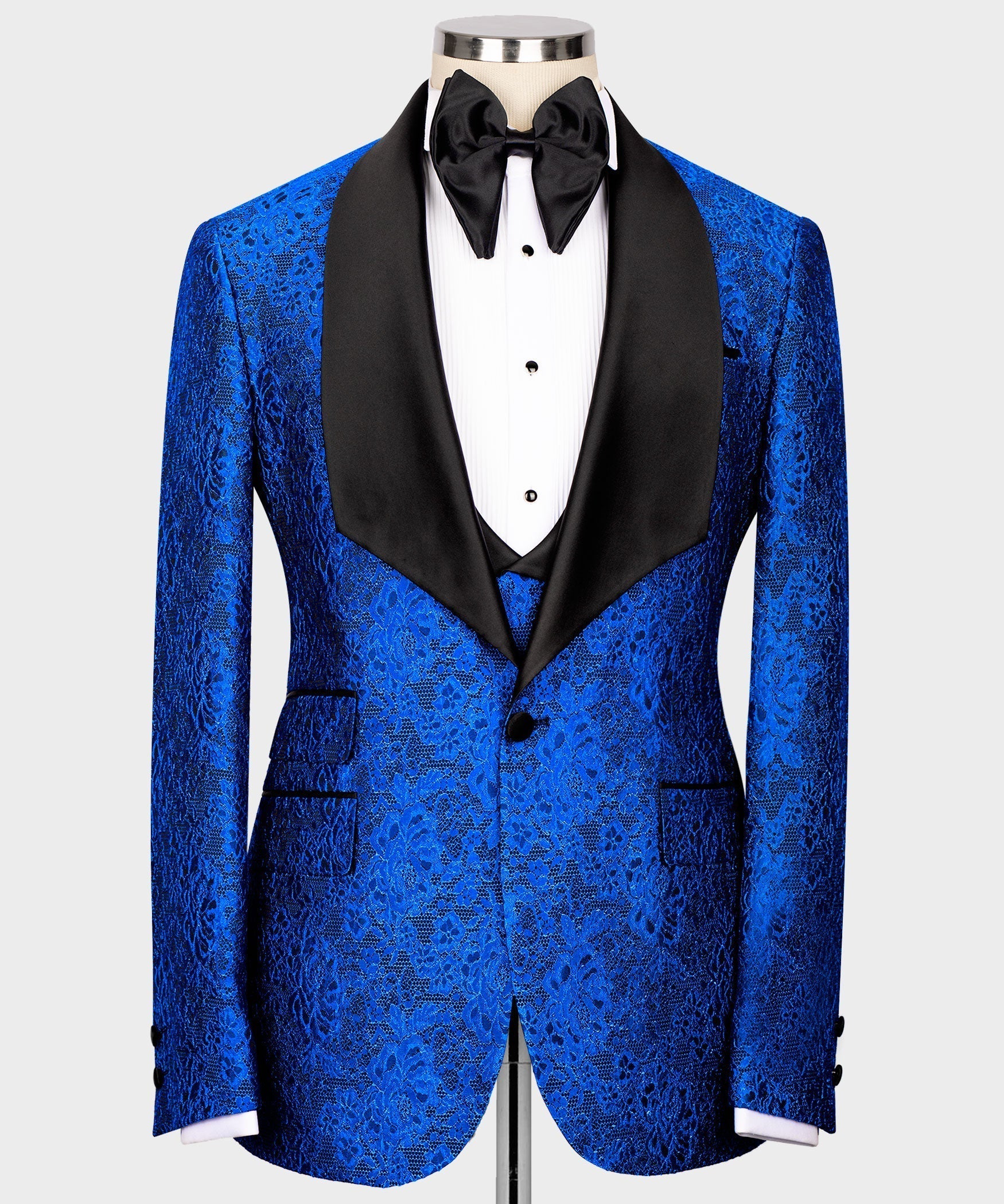 Blue embossed tuxedo jacket and waistcoat with black satin lapels