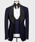 Navy blue embossed tuxedo jacket with satin lapels and black bow tie