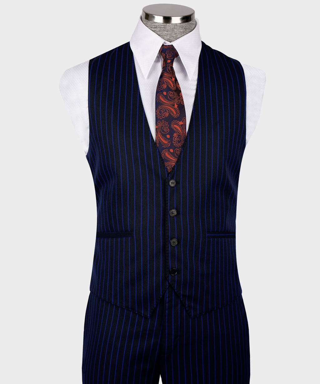 Navy pinstripe formal waistcoat/vest with button front and matching dark trim