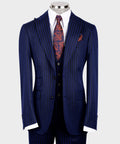 Front view of navy pinstripe suit jacket with flap pockets and dark buttoned waistcoat