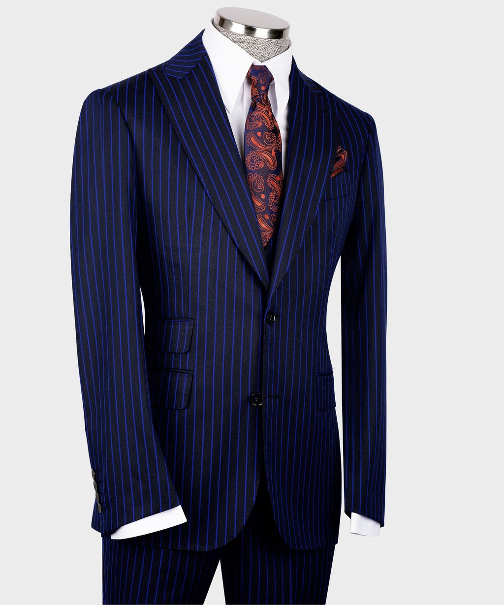 Navy pinstripe suit jacket with flap pocket and waistcoat front buttons, side view