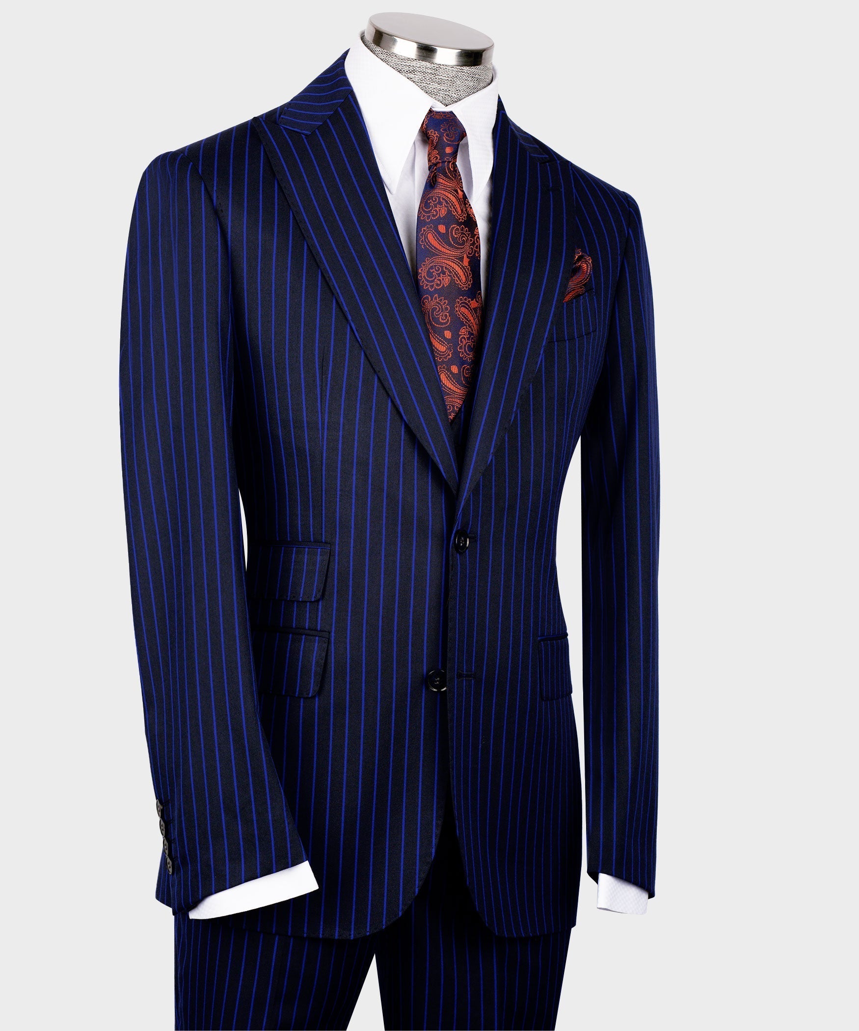 Navy pinstripe suit jacket with flap pocket and waistcoat front buttons, side view
