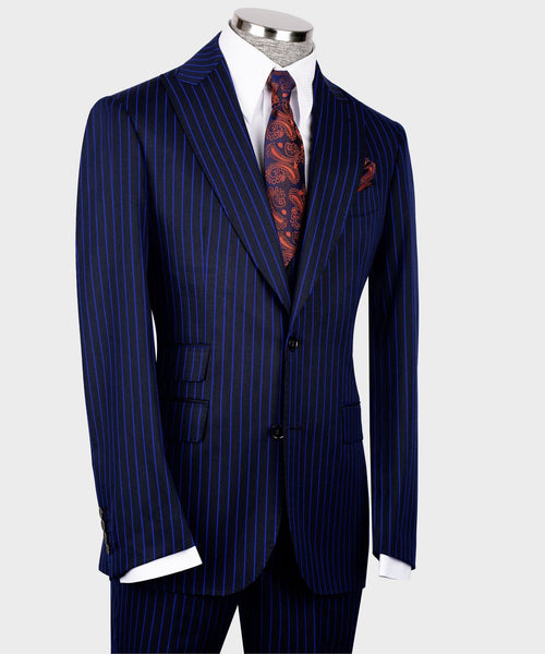 Navy pinstripe suit jacket with flap pocket and waistcoat front buttons, side view