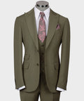 Olive tailored formal waistcoat with notched lapels, front buttons, and chest pocket