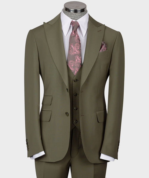 Olive tailored formal waistcoat with notched lapels, front buttons, and chest pocket