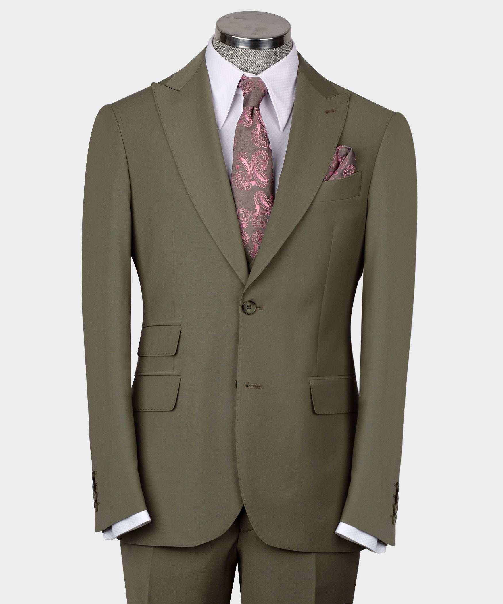 Olive suit waistcoat front view with waist flap pockets and center button closure