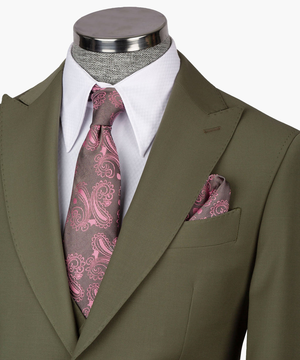 Olive waistcoat close-up with white shirt collar, pink paisley tie, and pocket square