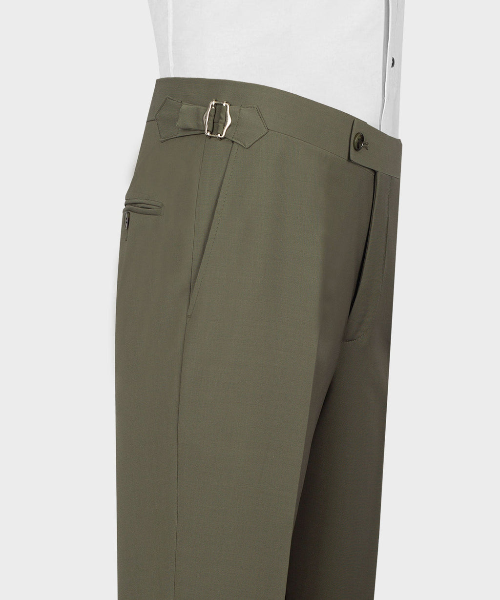 Olive waistcoat neckline with matching trousers front, belt loops, and center fastening