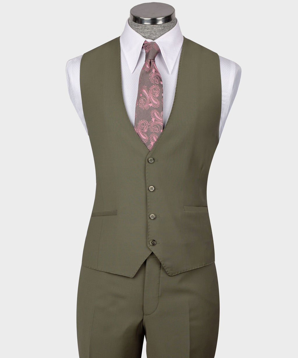 Olive sleeveless waistcoat on mannequin with notch lapels, four-button front, and side pockets