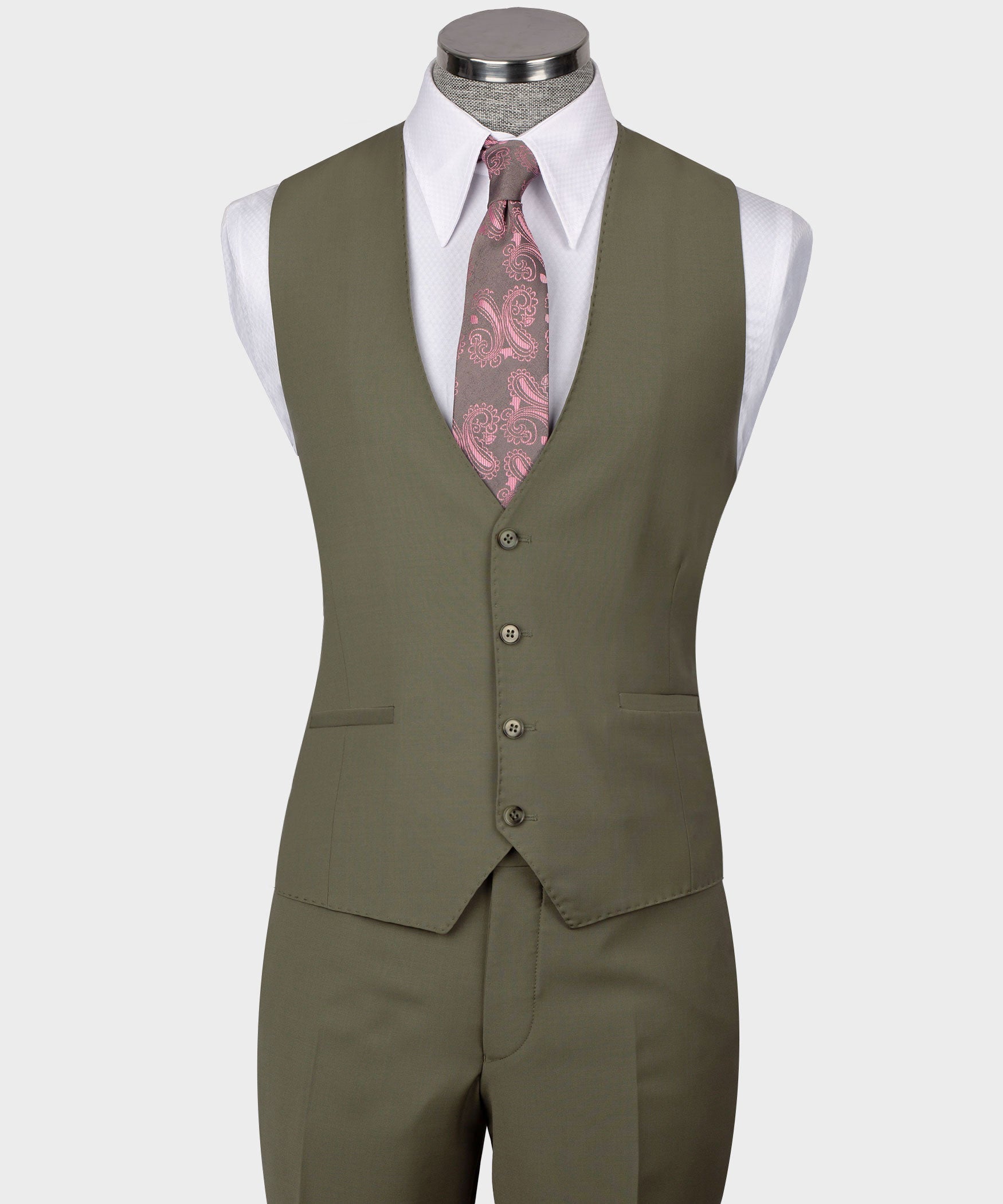 Olive sleeveless waistcoat on mannequin with notch lapels, four-button front, and side pockets