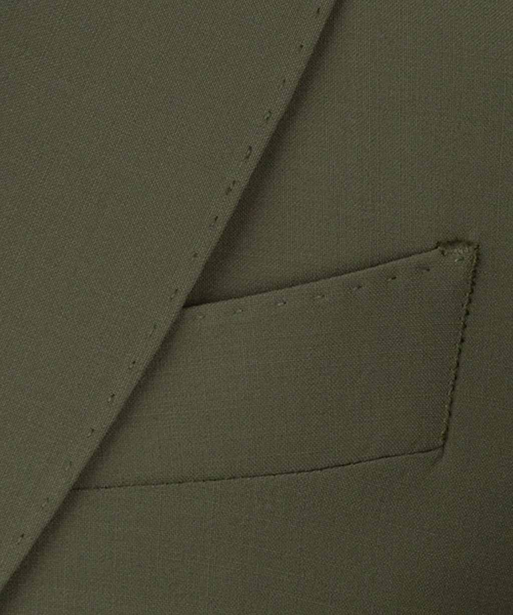 Olive waistcoat fabric close-up showing stitched pocket flap and tailored seam details