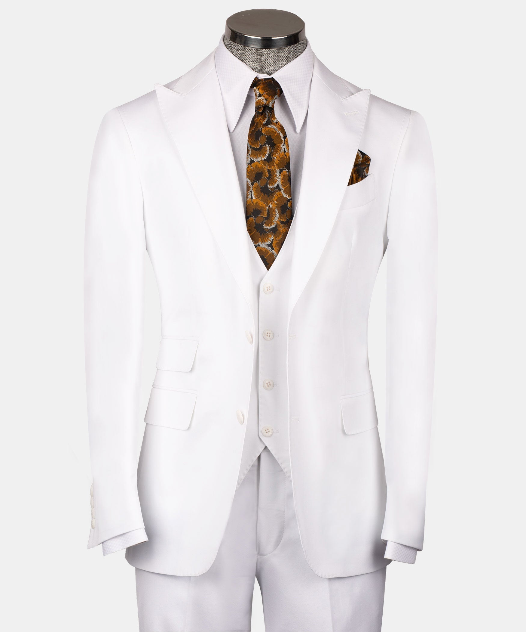 White formal men’s waistcoat with pointed lapels, button front, chest pocket; patterned tie