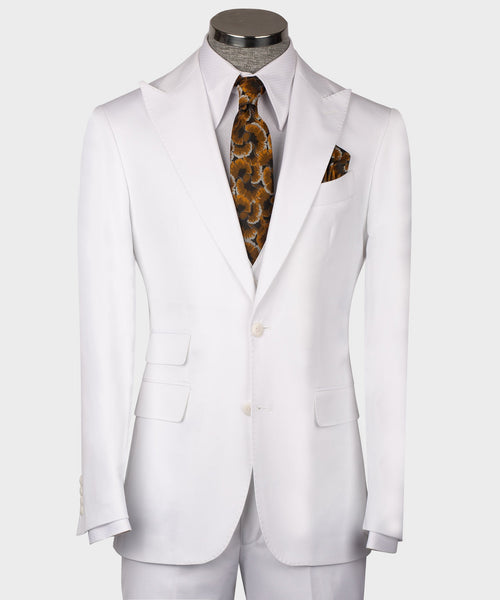 White formal men’s waistcoat on mannequin with button front and welt pockets; patterned tie