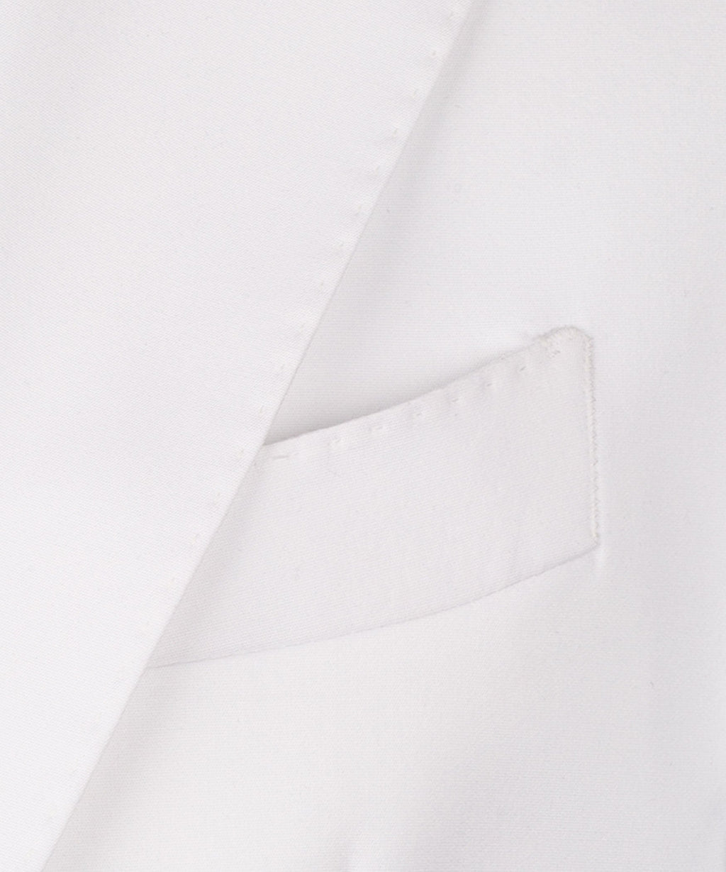 Close-up: white waistcoat front pocket and fabric texture detail