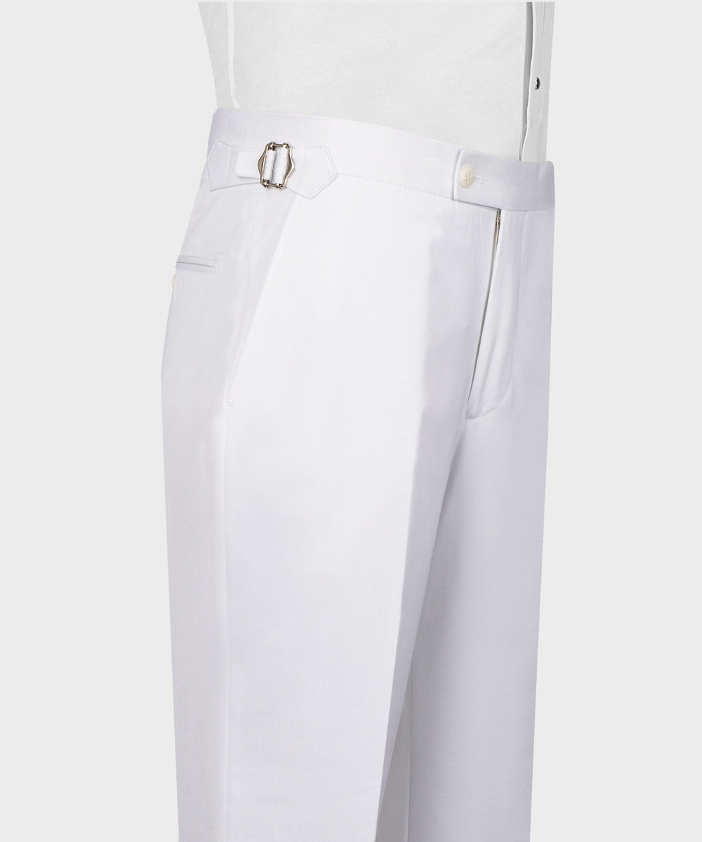 White formal trousers with belt loops, buckle, and front pockets