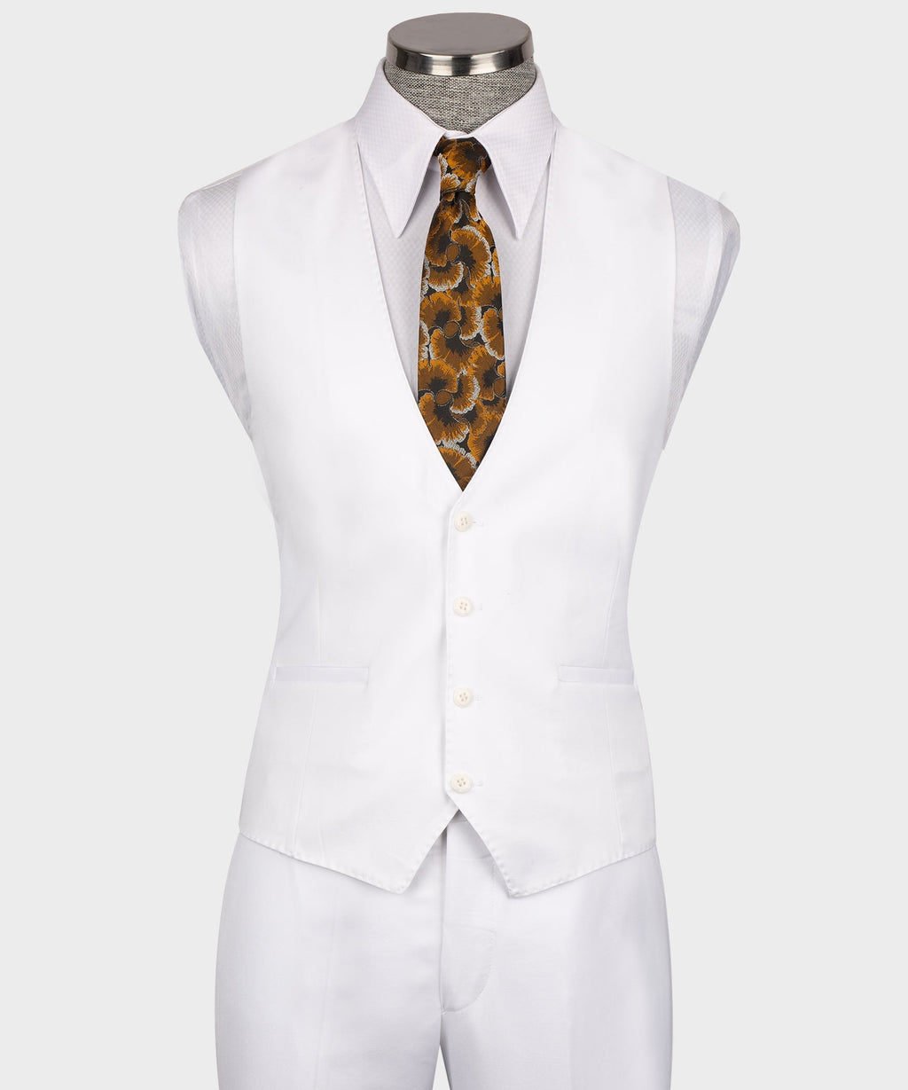 Front view of white formal waistcoat with button placket, V opening, and welt pockets; tie
