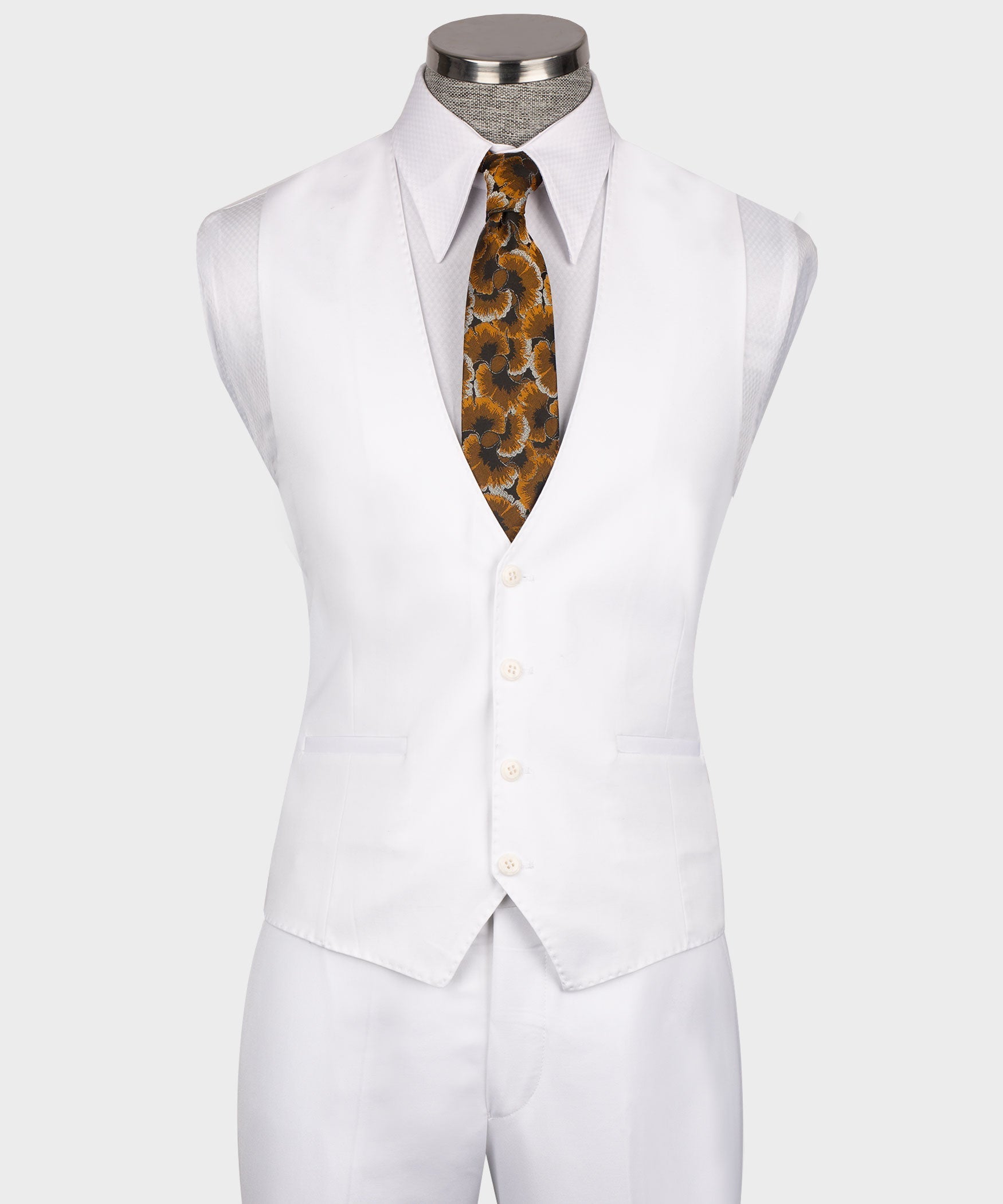 Front view of white formal waistcoat with button placket, V opening, and welt pockets; tie