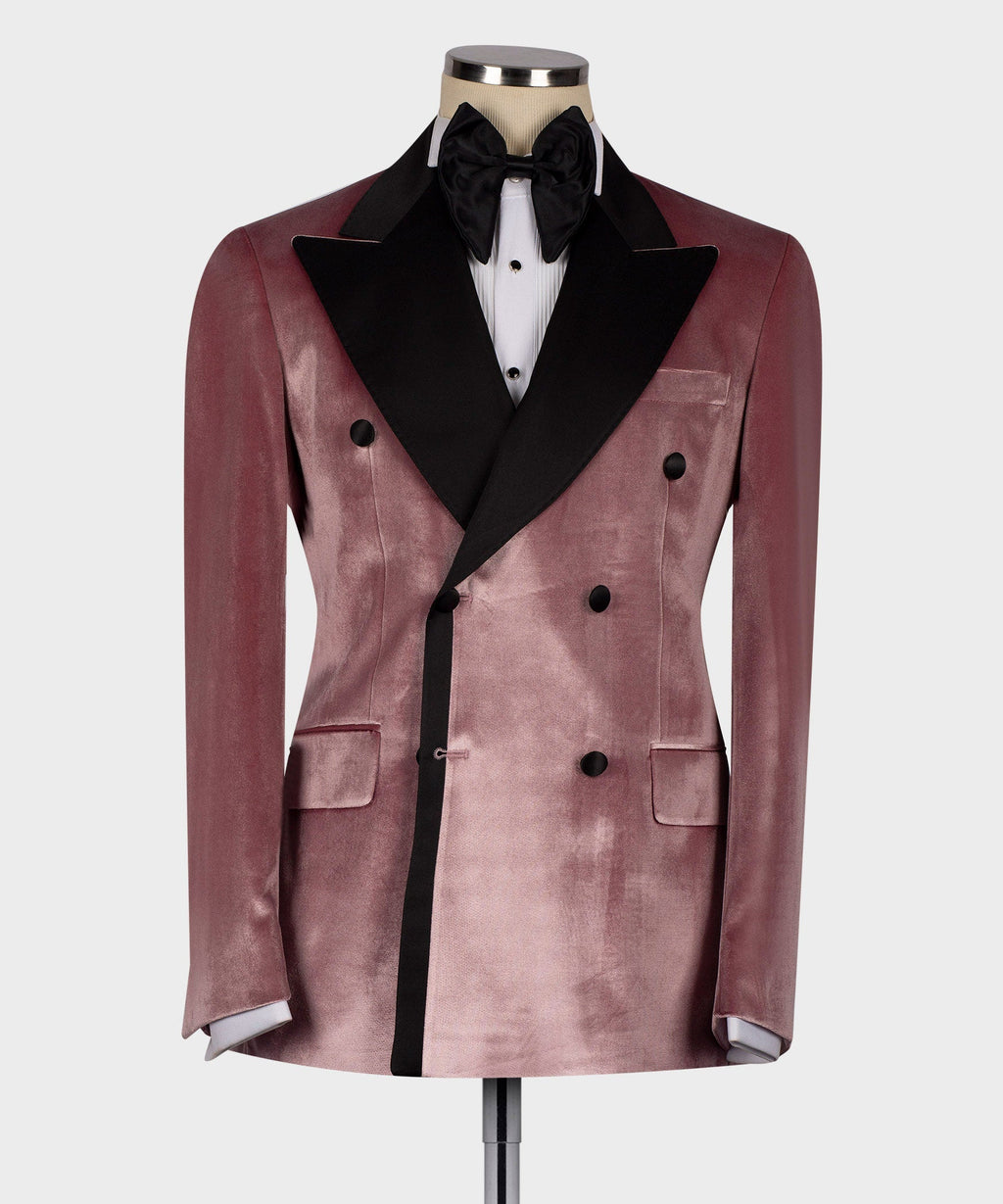 Pink velvet double-breasted tuxedo jacket with black satin lapels, bow tie, vest accents