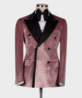 Pink velvet double-breasted tuxedo jacket with black satin lapels, bow tie, vest accents