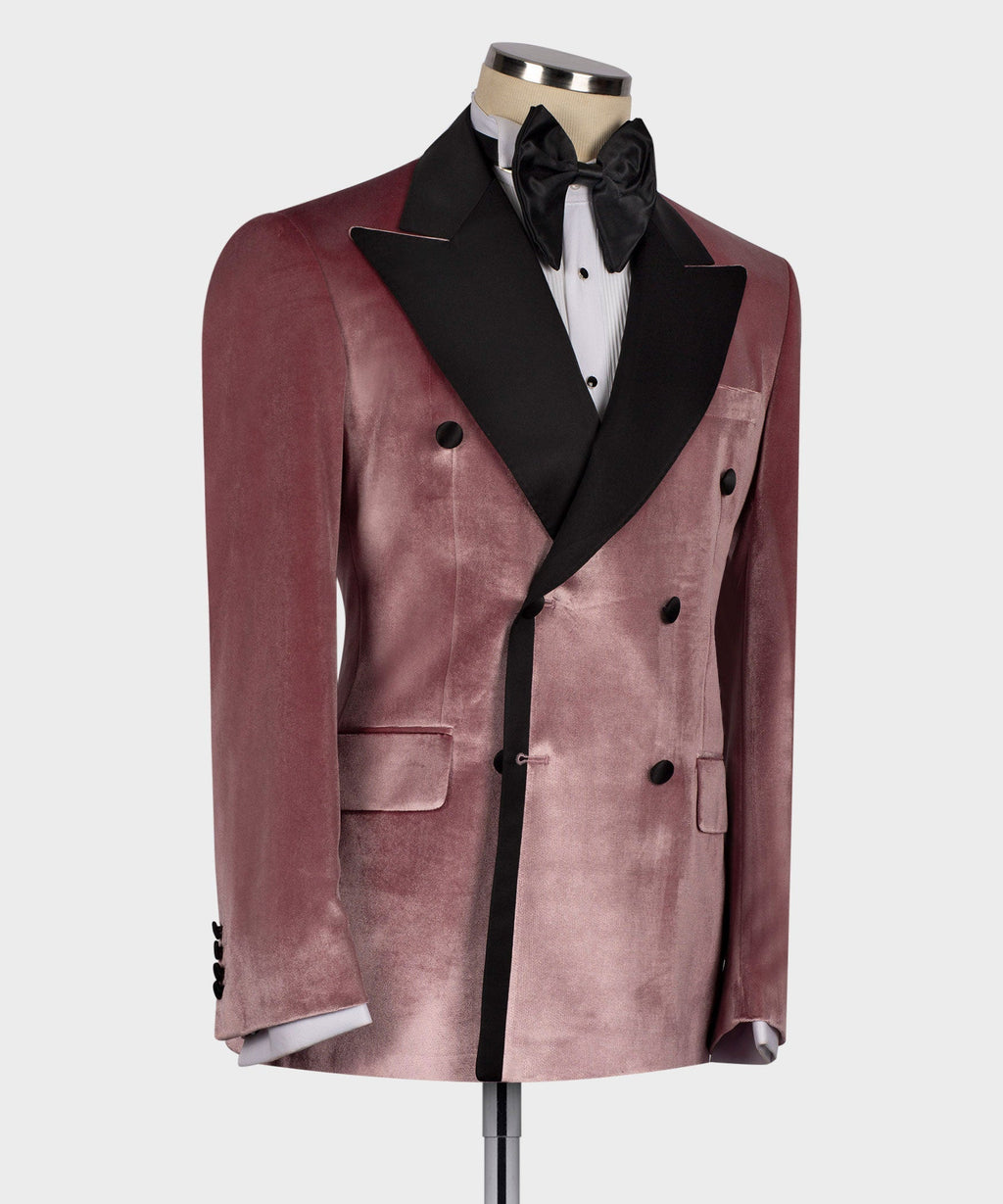 Pink velvet tuxedo jacket, double-breasted front with black satin lapels and pocket flaps