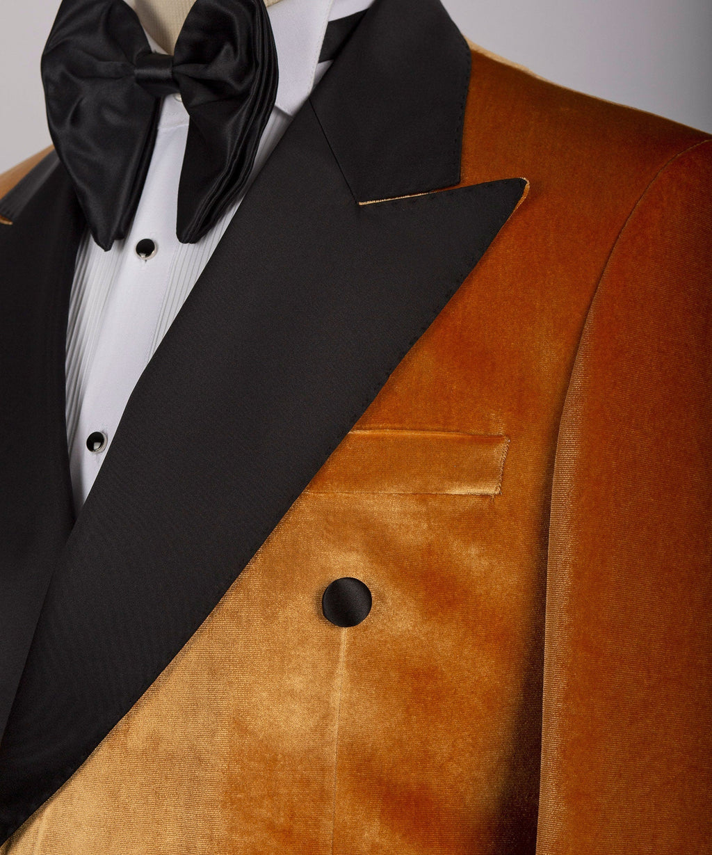 Black satin lapel and chest pocket on yellow velvet double-breasted tuxedo jacket