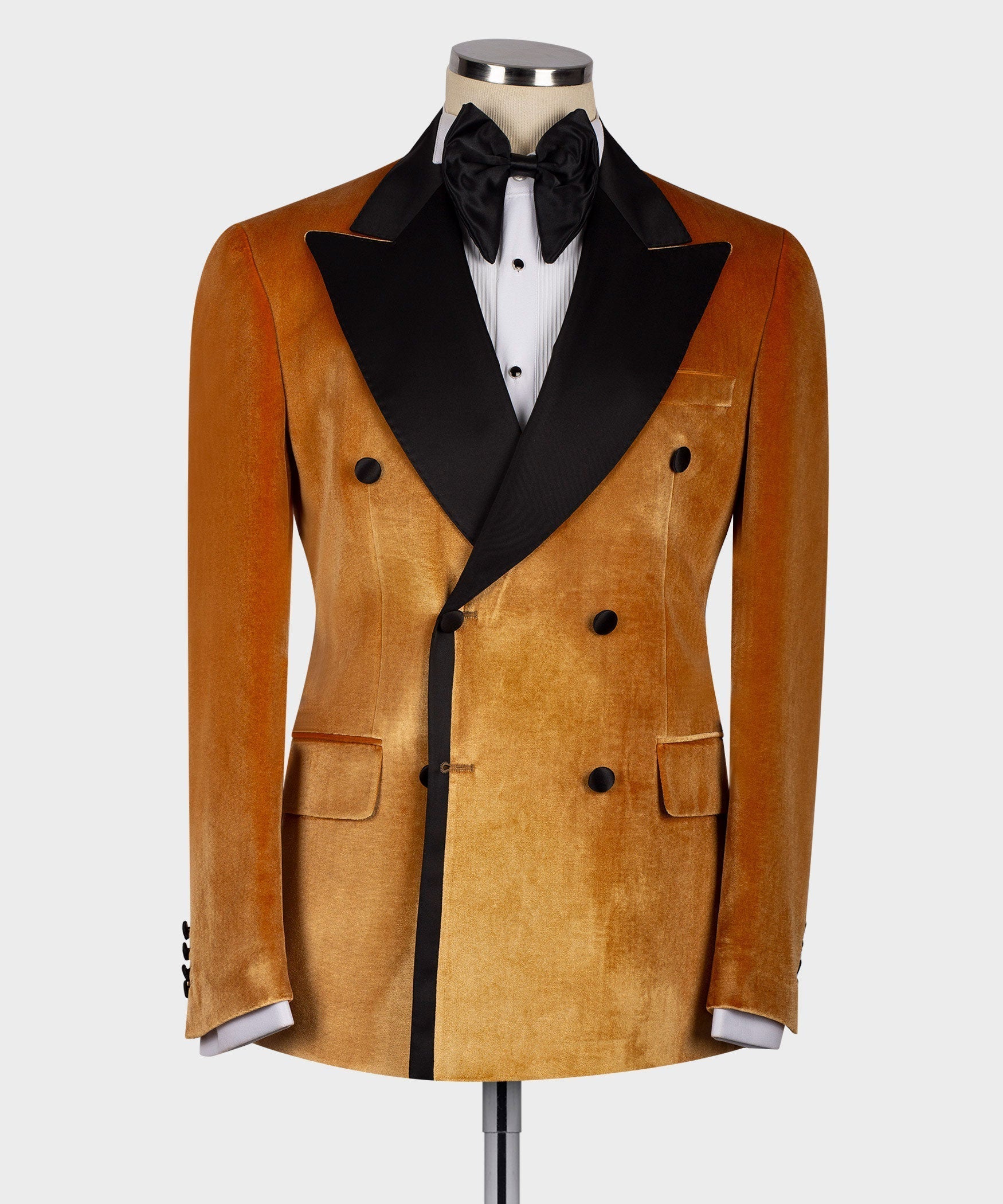 Yellow velvet double-breasted tuxedo jacket with black satin lapels and bow tie