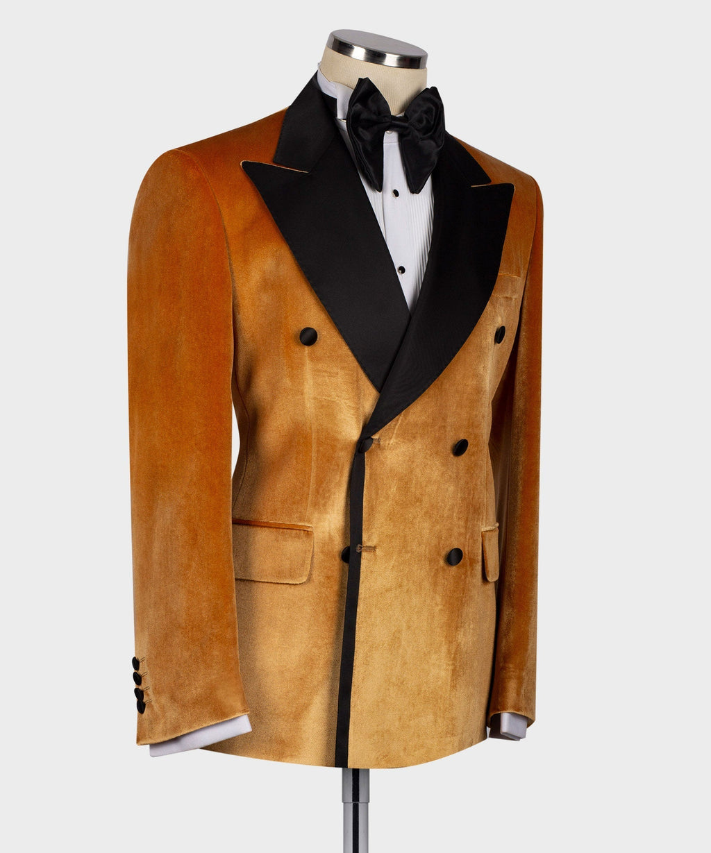 Yellow velvet double-breasted tuxedo jacket with black satin lapels and pocket details