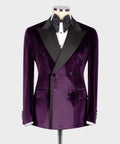 Purple velvet double-breasted tuxedo jacket with black satin lapels and bow tie
