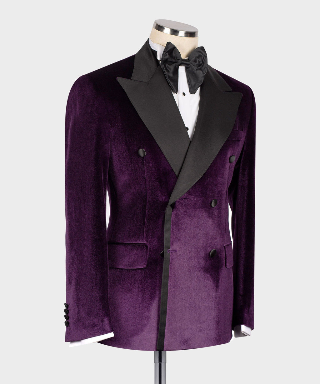 Purple velvet double-breasted tuxedo jacket with black satin shawl lapel and buttons
