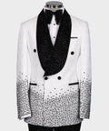 White tuxedo jacket with black stone-embroidered shawl lapels and bow tie detail