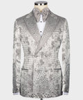 Gray-silver tuxedo jacket with studded embroidery, shawl lapel, and satin bow tie