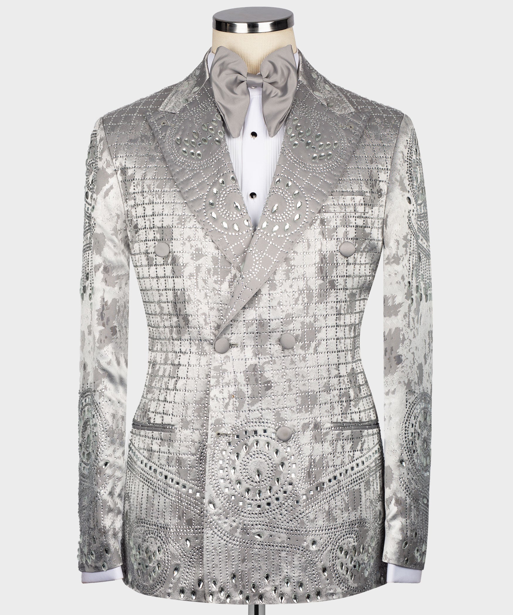 Gray-silver tuxedo jacket with studded embroidery, shawl lapel, and satin bow tie