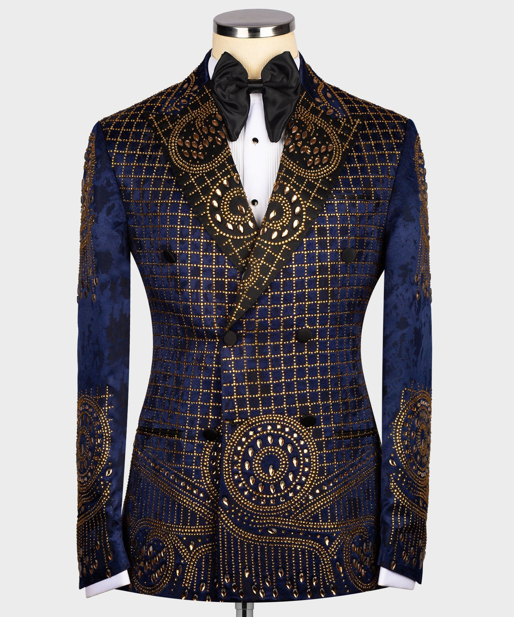 Blue tuxedo jacket with gold grid embroidery, ornate swirl motifs, black bow tie