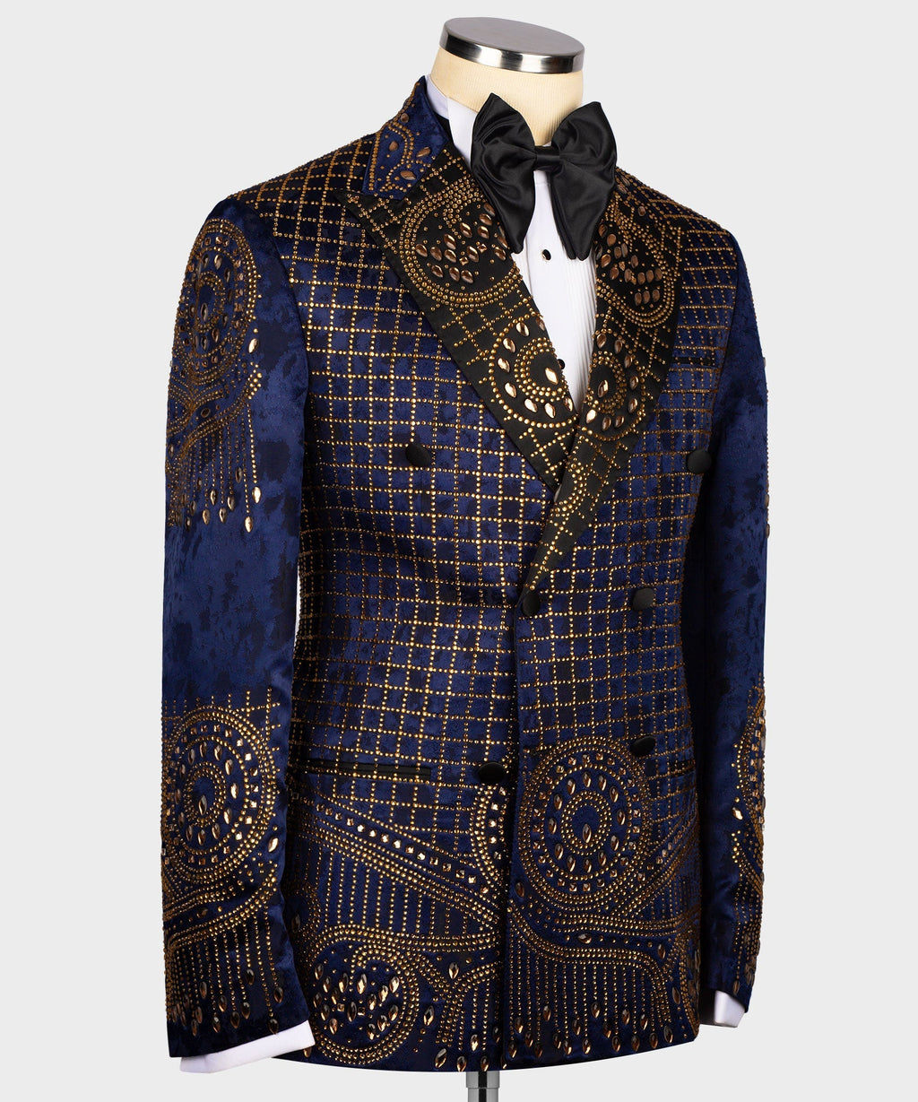 Blue tuxedo jacket side view with gold embroidered check grid and swirl motifs