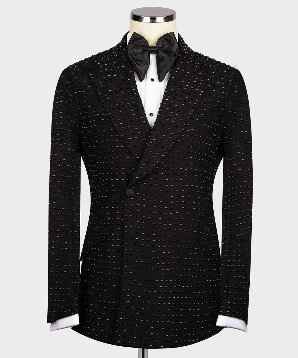 Black tuxedo jacket with stone-embellished dots, satin bow tie, notched lapels