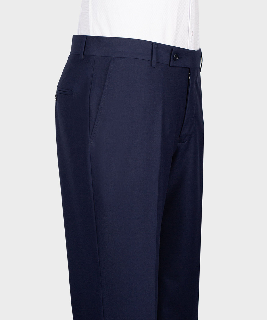 Navy-blue tuxedo trousers with flat front and side pockets